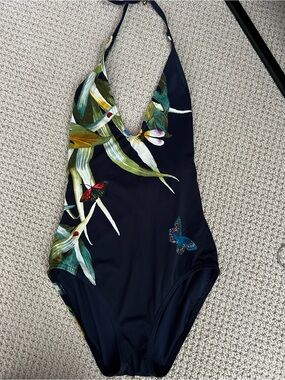 Vince Camuto Navy Floral & Butterfly Halter One-Piece Swimsuit